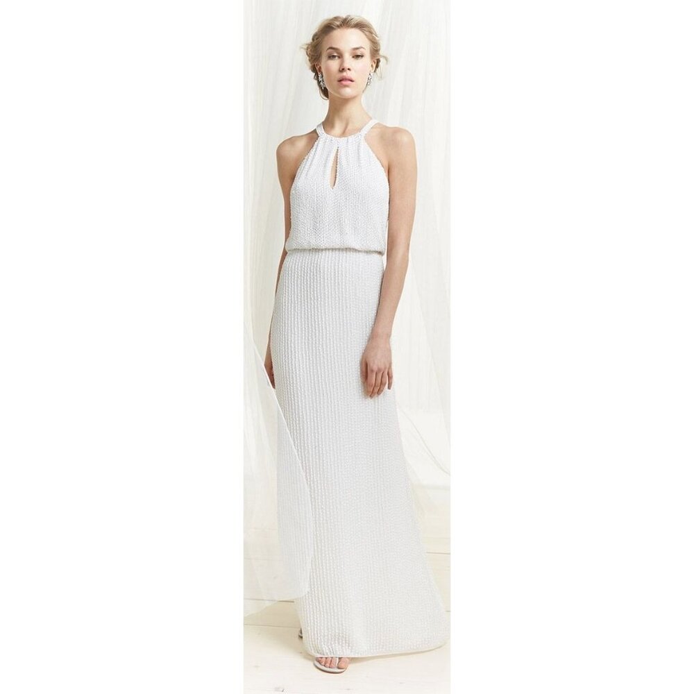 Parker Sequin White Halter Maxi Dress Size 4 $594 Slit Wedding Prom Formal NWT